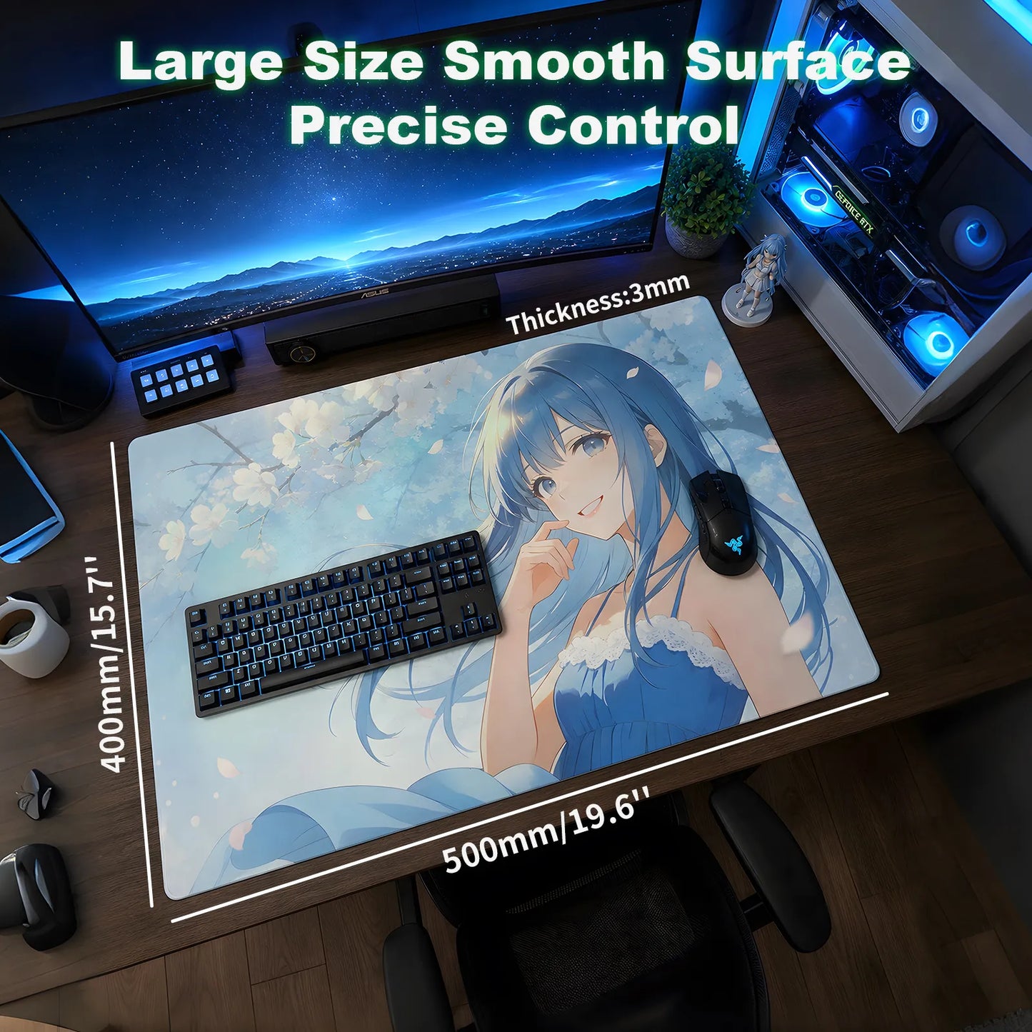 Blue Sakura Glow-in-the-Dark  Glass Mousepad