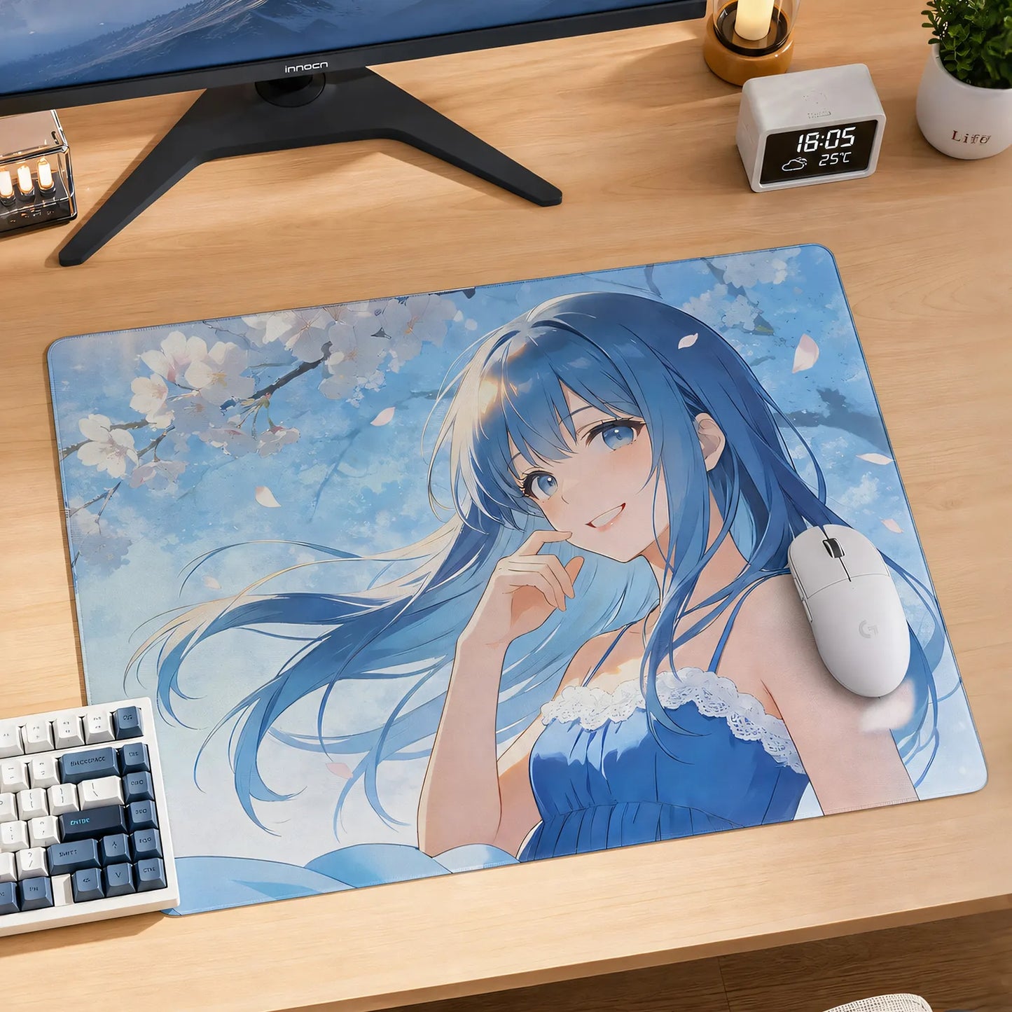 Blue Sakura Glow-in-the-Dark  Glass Mousepad
