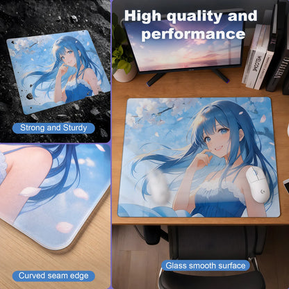 Blue Sakura Glow-in-the-Dark  Glass Mousepad