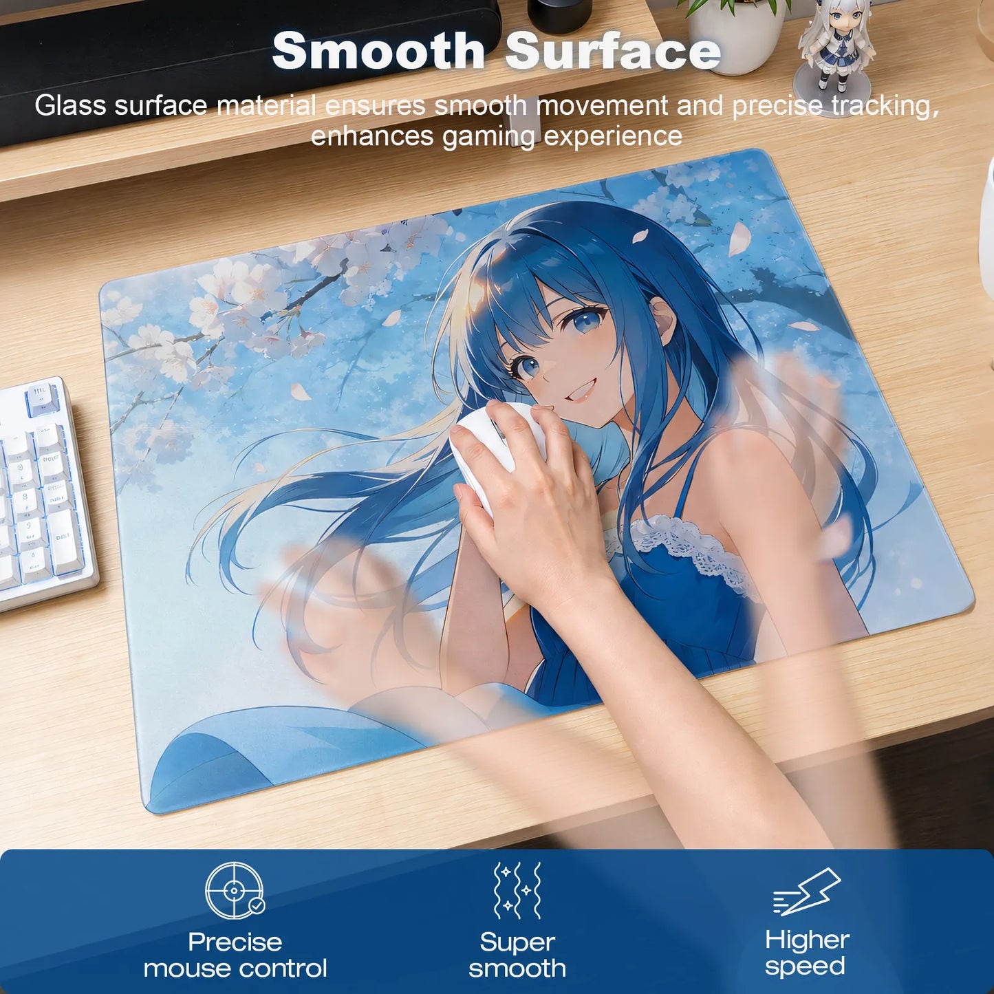 Blue Sakura Glow-in-the-Dark  Glass Mousepad