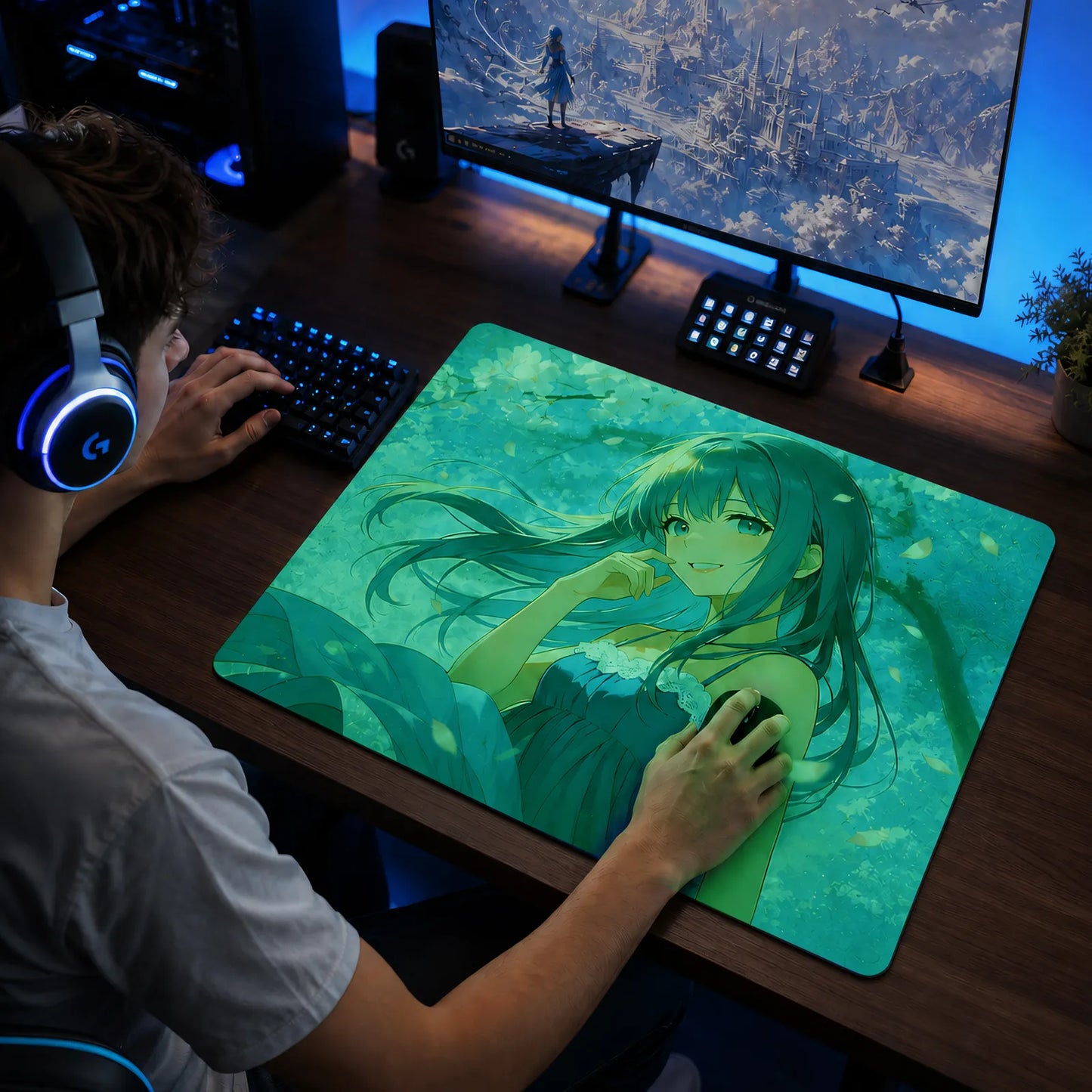 Blue Sakura Glow-in-the-Dark  Glass Mousepad