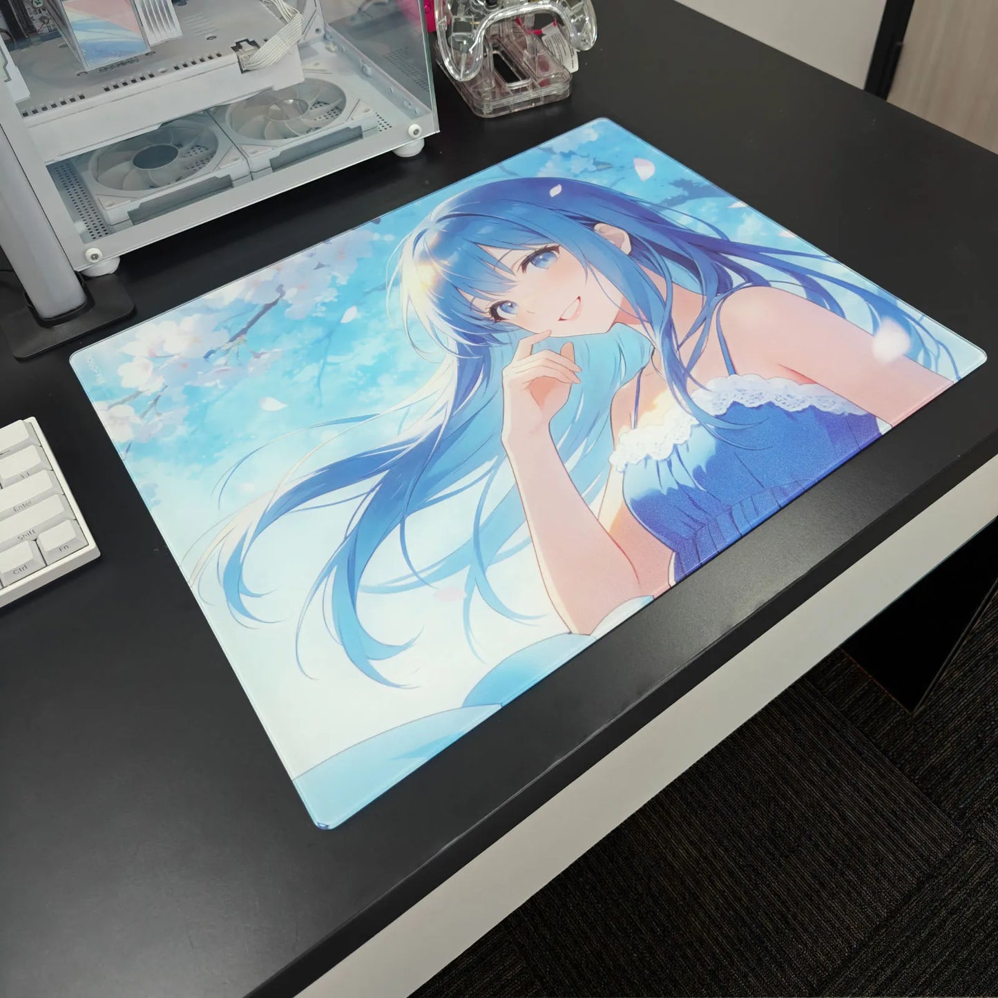 Blue Sakura Glow-in-the-Dark  Glass Mousepad